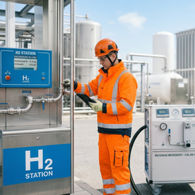 Ein Mann kalibriert eine  Wasserstofftankstellt. Das Bild ist KI-generiert