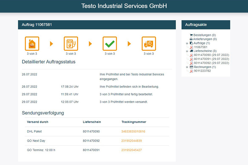 Nachverfolgung der Aufträge durch Auftragstracking im Portal 