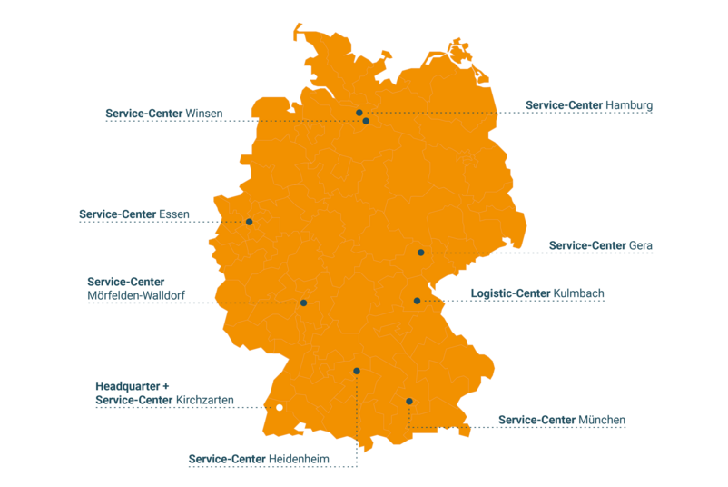 Deutschlandkarte mit allen Service-und Logistikcentern der Testo Industrial Services