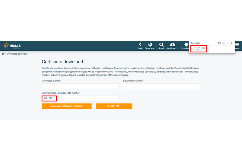 Screenshot Übersichtsseite PRIMAS zum Zertifikatsdownload
