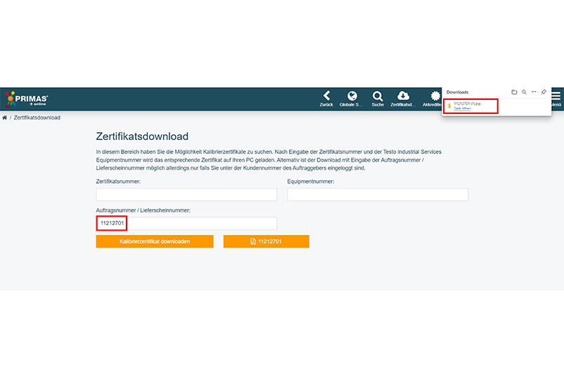 Screenshot Übersichtsseite PRIMAS zum Zertifikatsdownload
