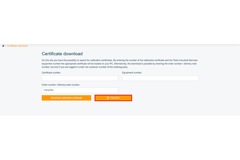 Screenshot of entering the order number for the certificate download