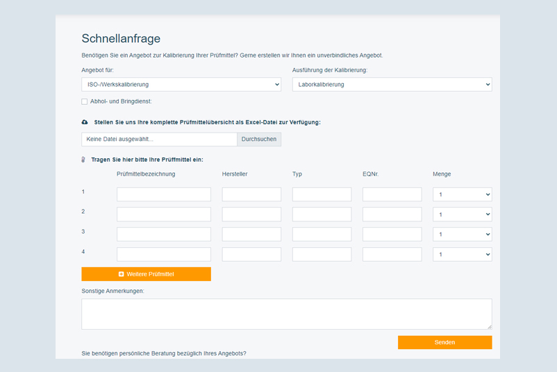 Anfrageformular für schnelle Anfragen zu neuen Angeboten über das Portal