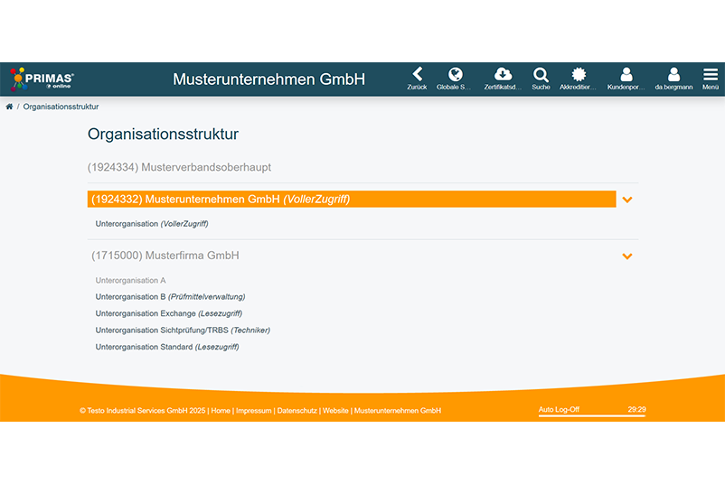 Organisationsstruktur eines Musterunternehmens in PRIMAS online