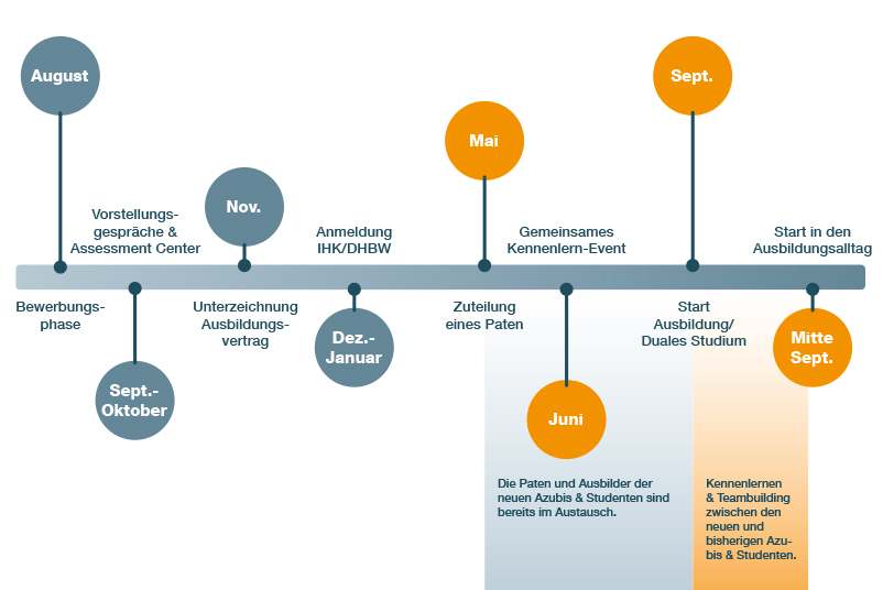 Ein Zeitstrahl, der die Ausbildungsstationen aufzeigt.