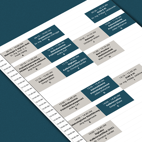 Symposium Kalibrierung & Prüfmittelmanagement – Programm Anschnitt des Programms des Symposiums 2026 auf blauem Untergrund