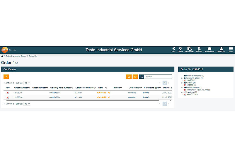 Download all calibration certificates as PDF files in the portal