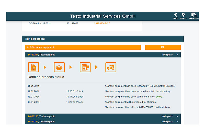 Detailed view of the processing status per test equipment