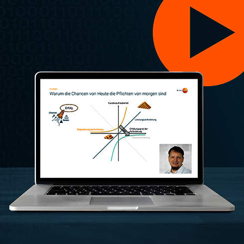 Risiken und Chancen als Effizienz Booster im Labor – ISO/IEC 17025:2018 Folie aus dem Webinar auf einem Laptop-Bildschirm und im Hintergrund ein orangener Playbutton