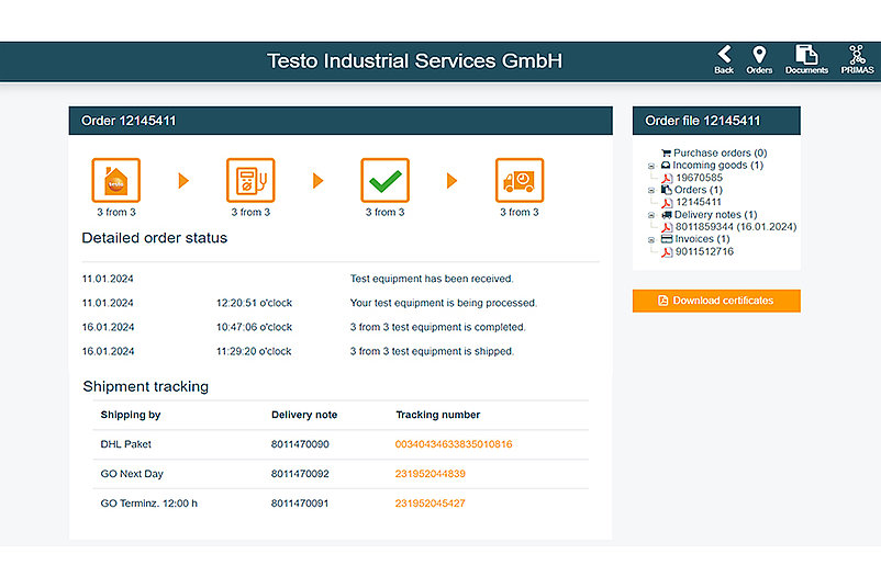 Tracking of orders through order tracking in the portal