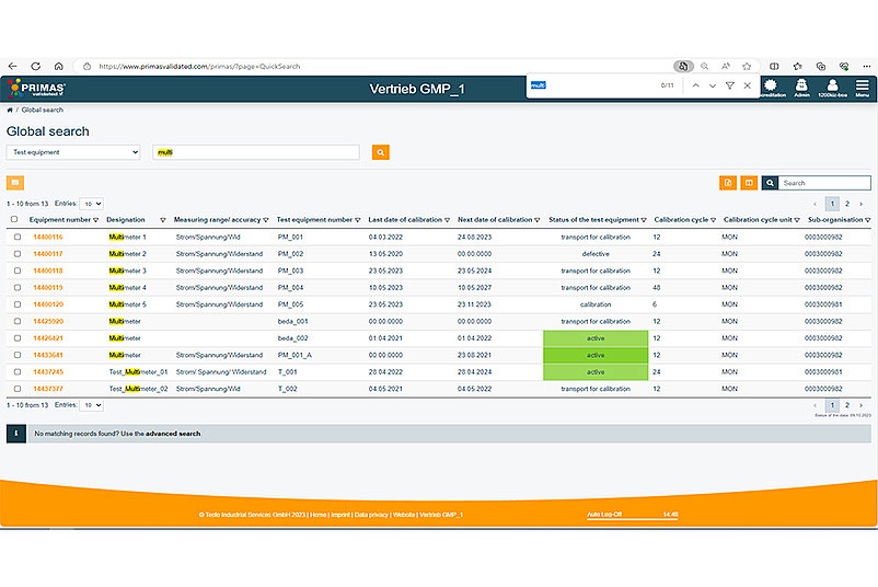  Screenshot of the global search of the test equipment management system PRIMAS validated