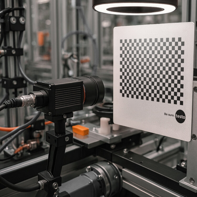 High-precision camera calibration directly at your site Photo of a camera calibration in front of a checkerboard pattern