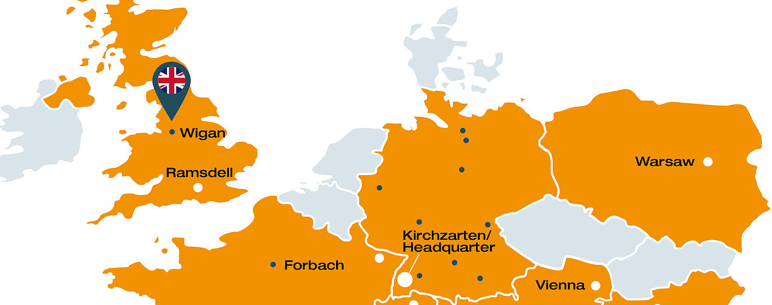 New location in Wigan Map of Europe where the new location in Wigan is marked